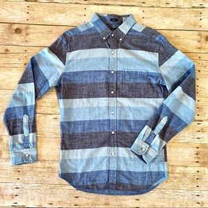 Men’s striped chambray button down shirt.